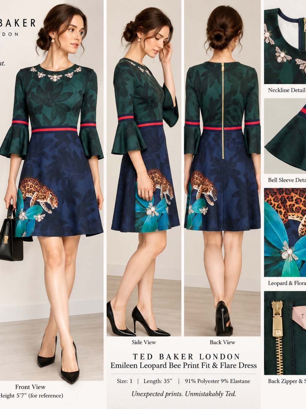 Ted Baker Emileen Leopard Bee Print Bell Sleeve Fit & Flare Dress Size 1